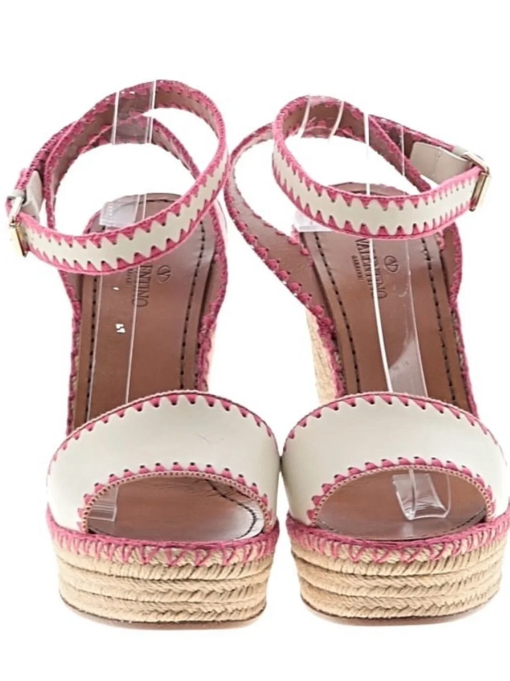 Valentino Garavani Cream Espadrille Wedge Sandals with Pink Trim
